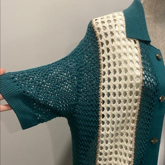 Urban Outfitters Unisex Teal & Cream Crochet Cardigan Size Medium Retro Style - Picture 7 of 14